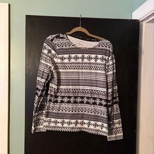 Talbots Black and White Snowflake Long Sleeve Top